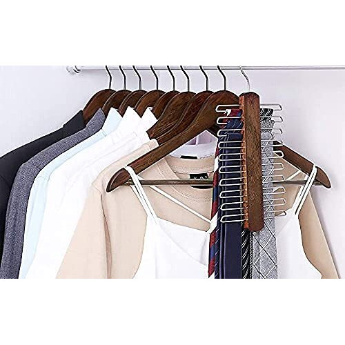 Golden Bird International Wooden Walnut Color Finish Brown Wooden Hanger With 360 Degree Swivel Hook And Precisely Cut Notches For Camisole, Jacket, Pant, Dress Clothes Hangers (12)