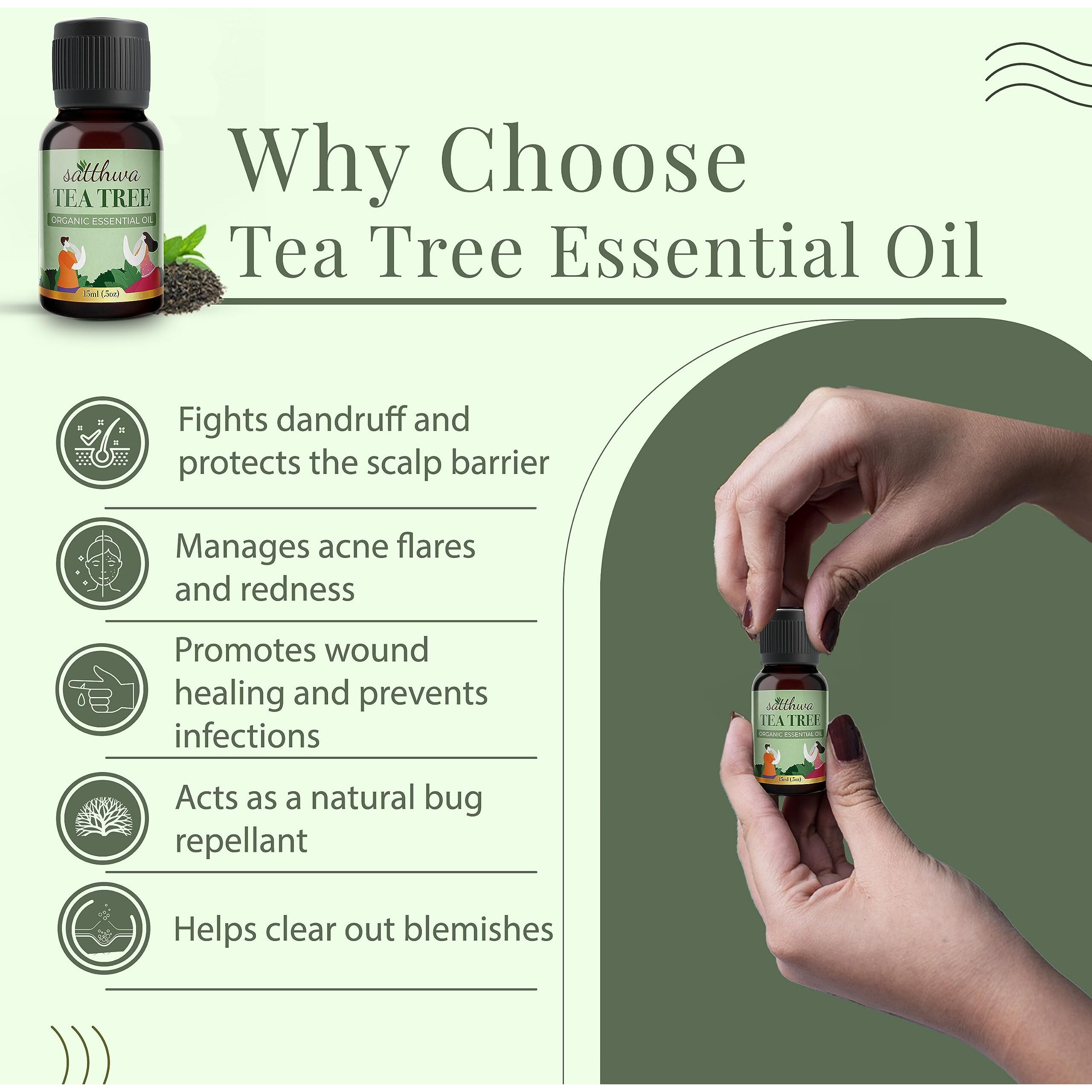Satthwa Organic Tea Tree Essential Oil - Therapeutic Grade - 15Ml - Cleansing And Purifying, Supports Healthy Skin, Hair, And Nails