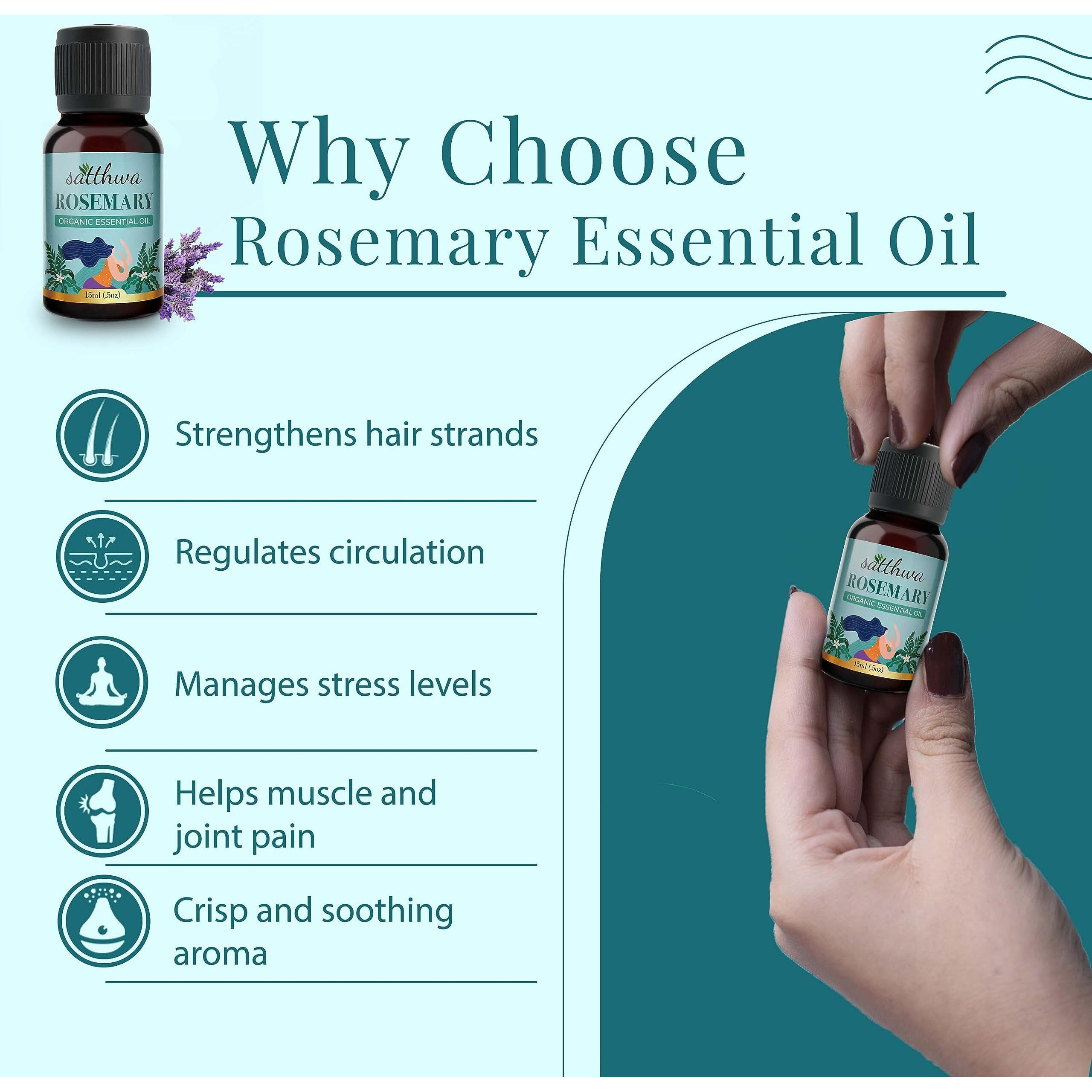 Satthwa Organic Rosemary Essential Oil - Therapeutic Grade - 15Ml - Boosts Energy, Enhances Hair Health