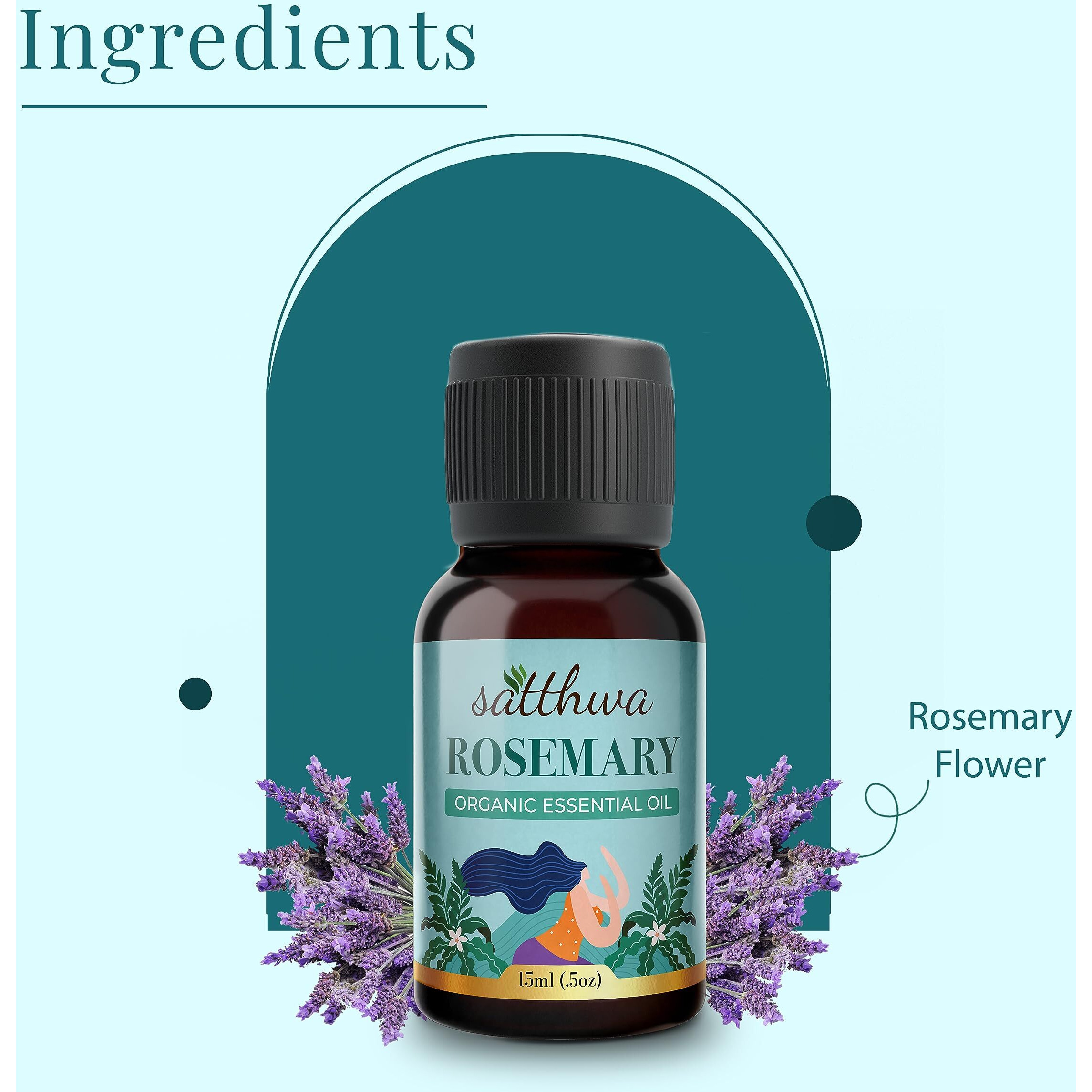Satthwa Organic Rosemary Essential Oil - Therapeutic Grade - 15Ml - Boosts Energy, Enhances Hair Health