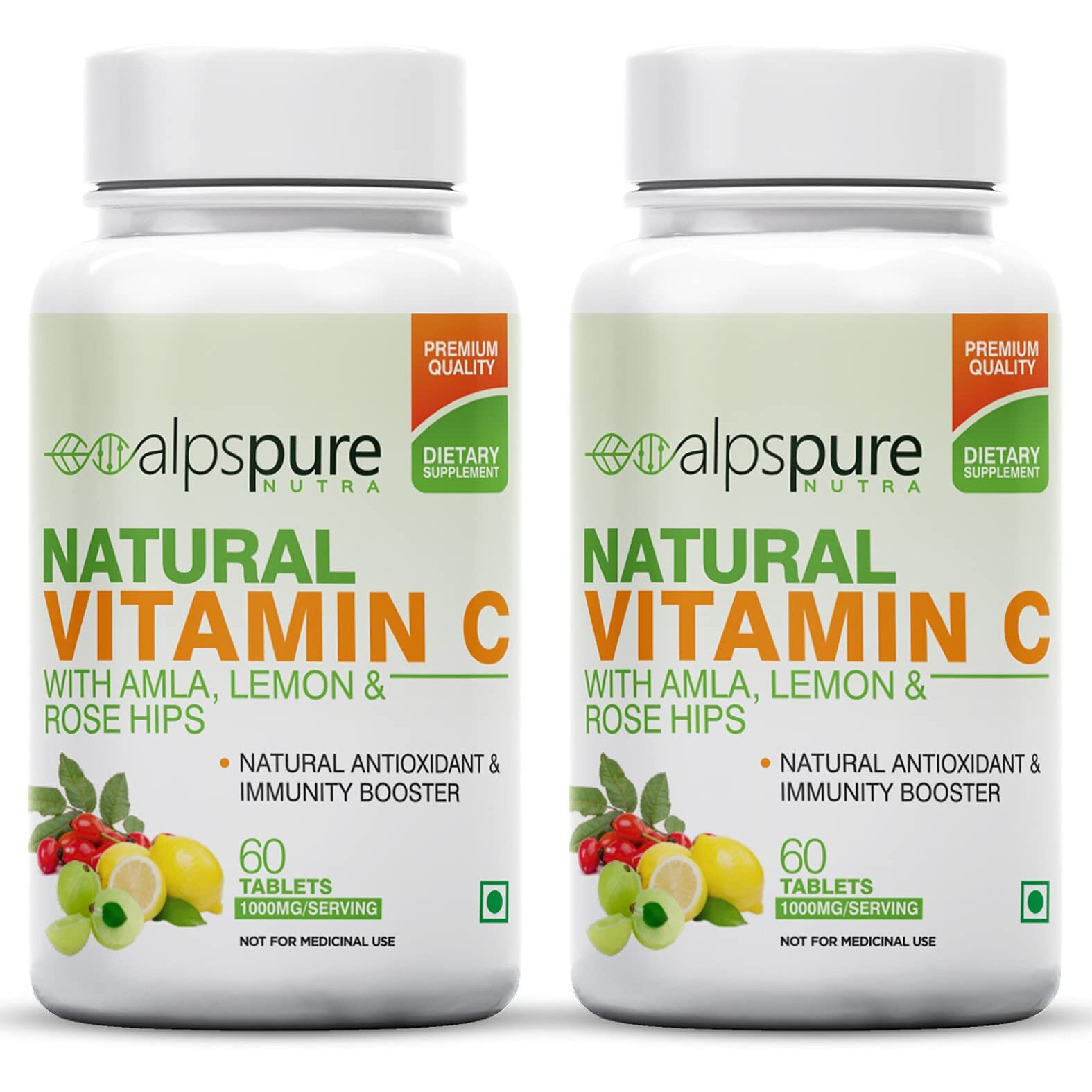 Alpspure Nutra Natural Vitamin C (Pack Of 2-60 Veg Tablets Each) With 1000 Mg Amla, Lemon & Rose Hips Extracts | Immunity Booster & Antioxidant | Promotes Healthy & Glowing Skin | For Men & Women