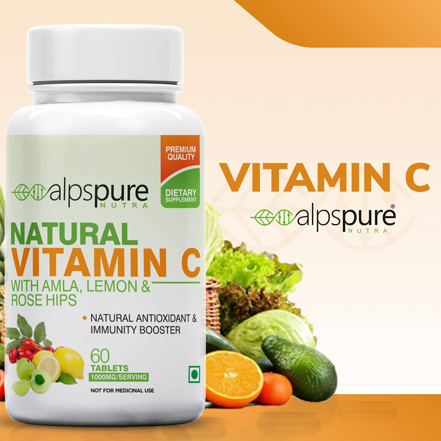 Alpspure Nutra Natural Vitamin C (Pack Of 2-60 Veg Tablets Each) With 1000 Mg Amla, Lemon & Rose Hips Extracts | Immunity Booster & Antioxidant | Promotes Healthy & Glowing Skin | For Men & Women