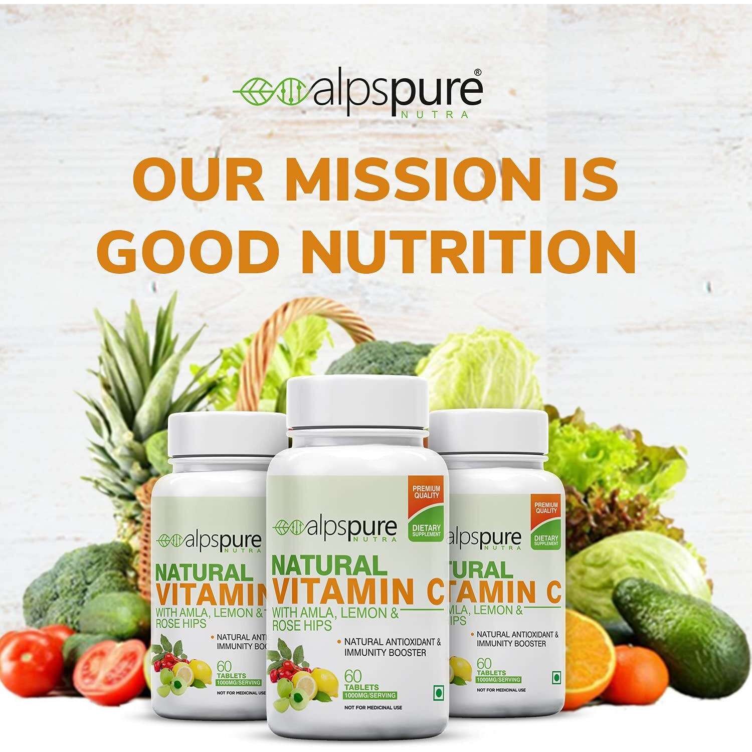 Alpspure Nutra Natural Vitamin C (Pack Of 2-60 Veg Tablets Each) With 1000 Mg Amla, Lemon & Rose Hips Extracts | Immunity Booster & Antioxidant | Promotes Healthy & Glowing Skin | For Men & Women