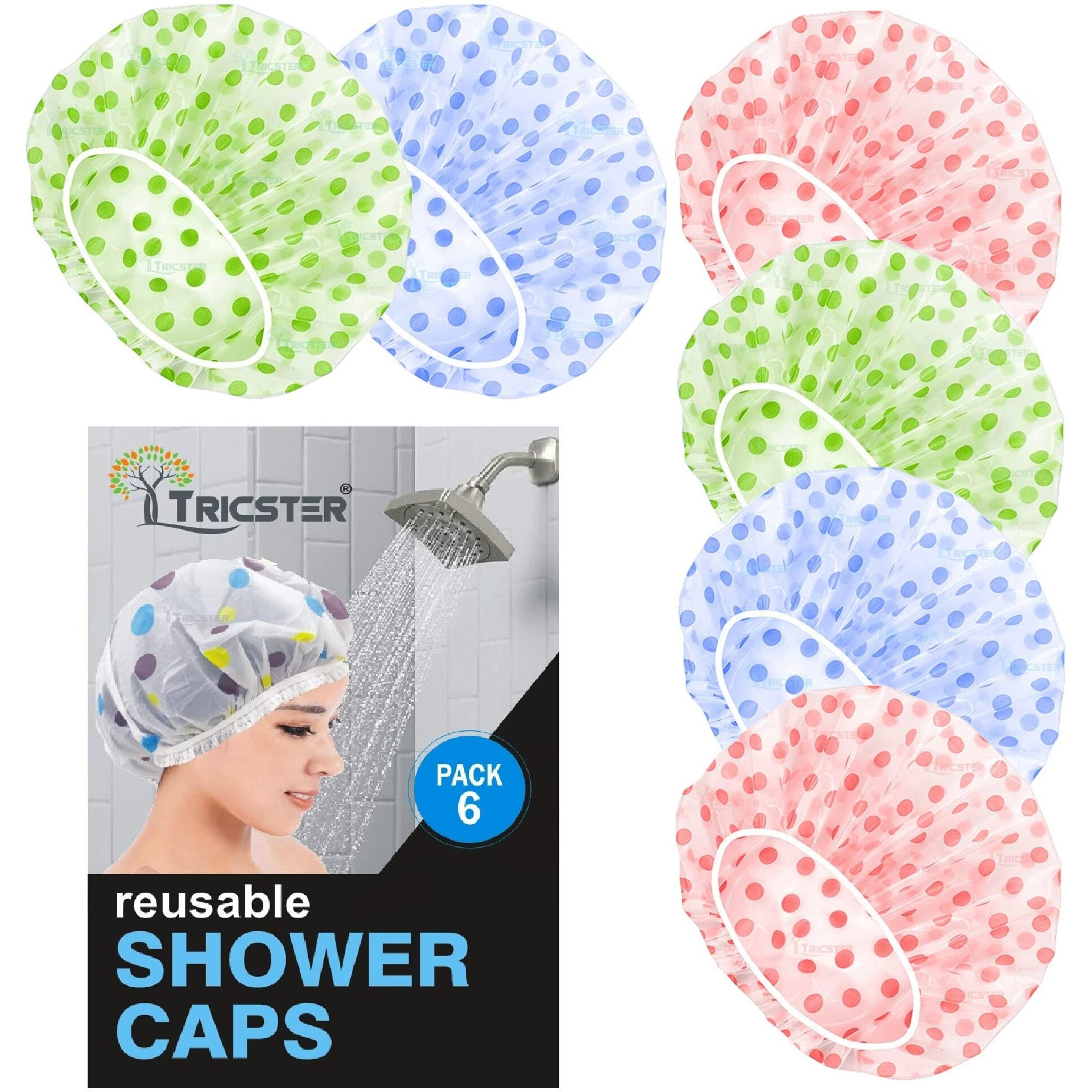 Tricster Shower Cap Set Of 6 For Women, Reusable Waterproof Elastic Eva Free-Size Bathroom Shower Caps - For Homes, Spas, Salons, Hair Treatment, Beauty Parlors (Multicolored And Multi-Design)