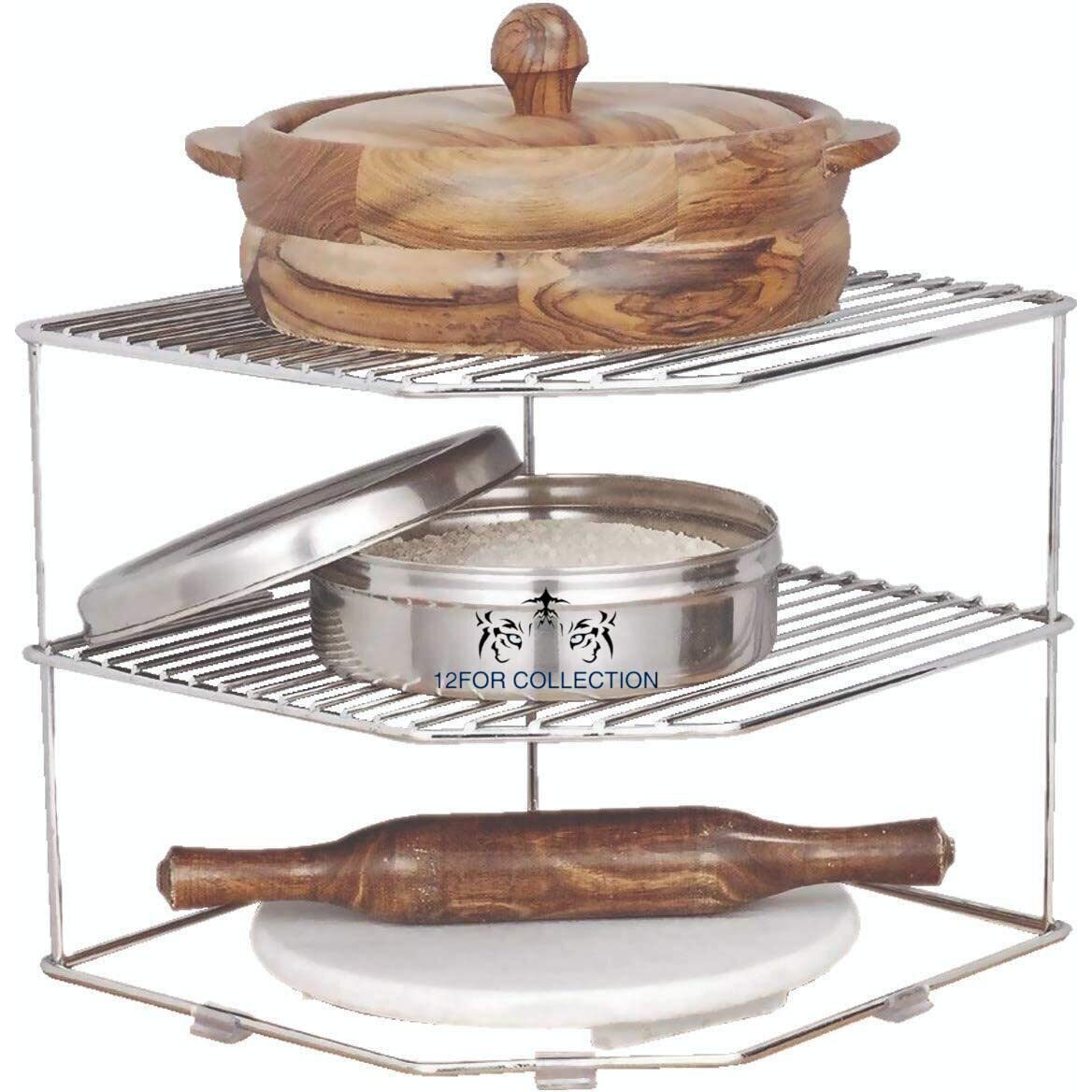 12For Collection Stainless Steel 3-Tier Countertop Storage Rack For Corners, Multipurpose Stainless Steel Kitchen Plate Dish Corner Shelf Rack Stand Holder, Corner Shelf