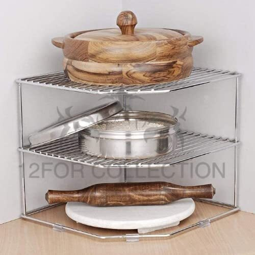 12For Collection Stainless Steel 3-Tier Countertop Storage Rack For Corners, Multipurpose Stainless Steel Kitchen Plate Dish Corner Shelf Rack Stand Holder, Corner Shelf