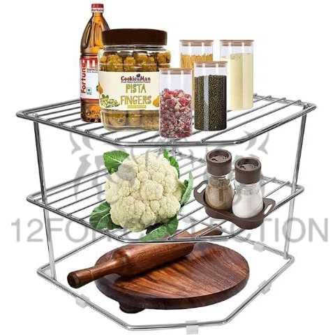 12For Collection Stainless Steel 3-Tier Countertop Storage Rack For Corners, Multipurpose Stainless Steel Kitchen Plate Dish Corner Shelf Rack Stand Holder, Corner Shelf