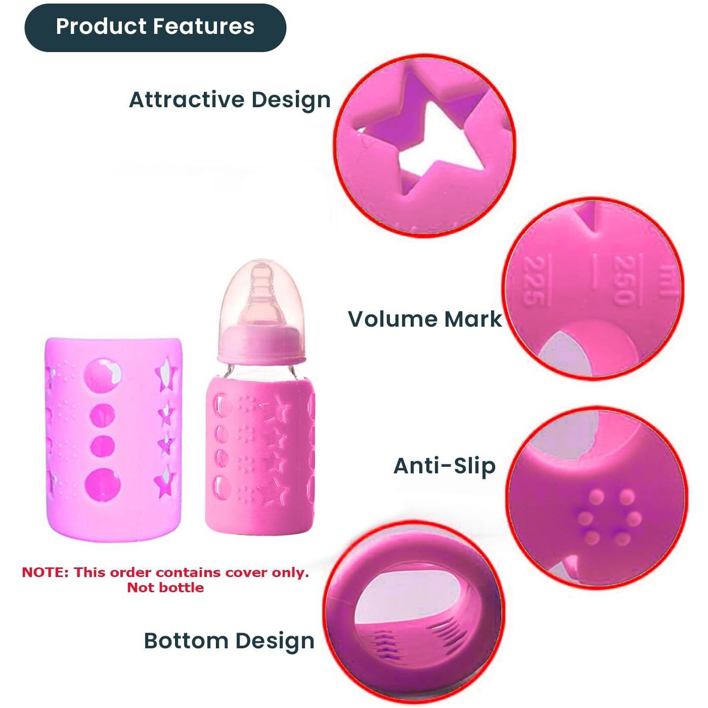 Safe-O-Kid Bpa-Free Pure Silicone Bottle Cover  Soft, Non-Toxic, Protective Cover For Baby Bottles, Safe For Little Ones, Durable, Easy To Clean 120 Ml, Pink - Pack Of 1