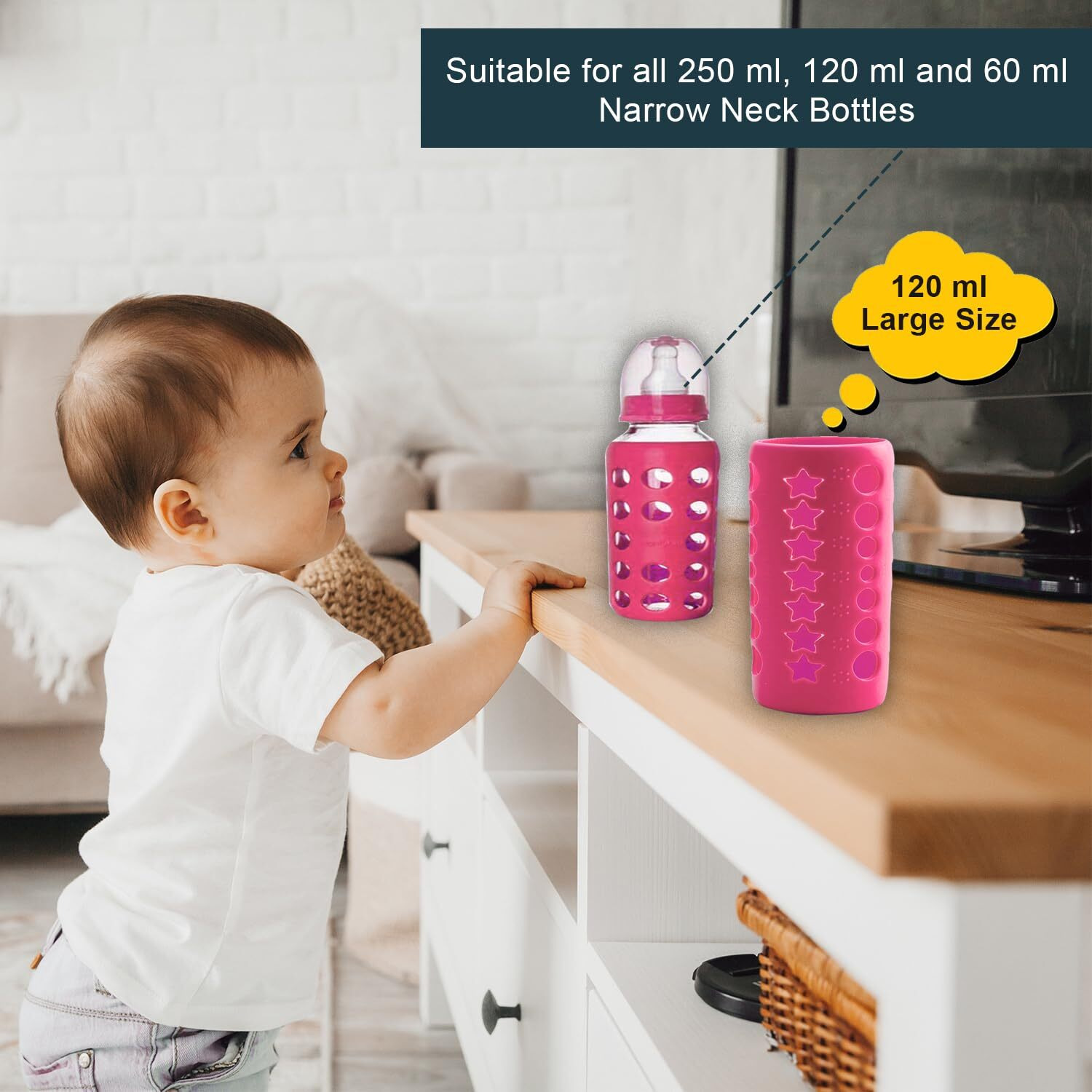 Safe-O-Kid Bpa-Free Pure Silicone Bottle Cover  Soft, Non-Toxic, Protective Cover For Baby Bottles, Safe For Little Ones, Durable, Easy To Clean 120 Ml, Pink - Pack Of 1