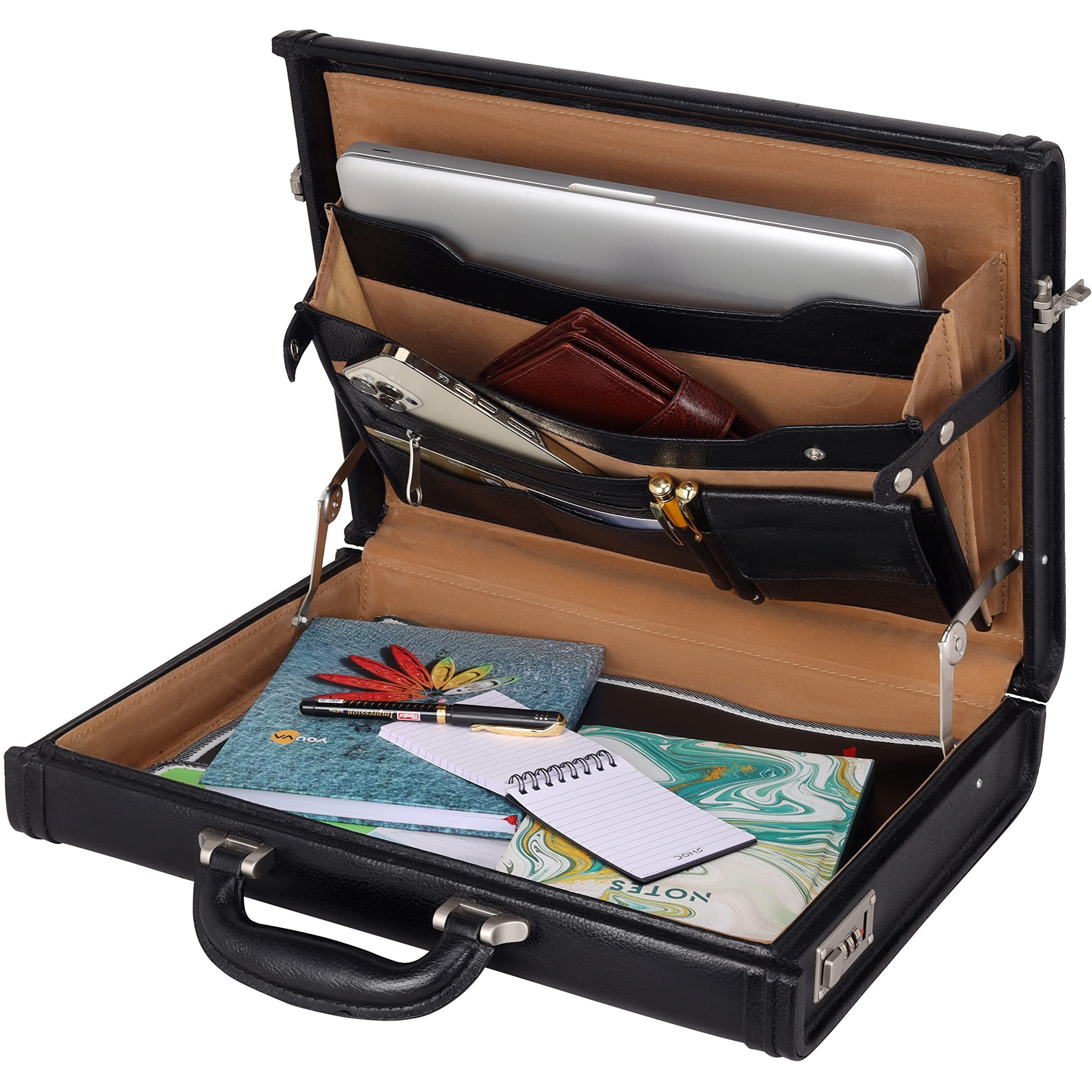 Hyatt Leather Accessories 17 Inch Men's Leather Briefcases Office Bags With Side Combination Lock | Dimension L- 17 X W- 3 X H-13 In Inches (Black)
