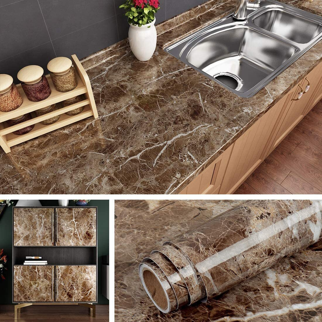 Soflin 60Cm X 200Cm Kitchen Oil Proof Foil Stickers,Kitchen Backsplash Wallpaper,Self-Adhesive Wall Sticker Waterproof Anti Mode And Heat Resistant Drawer (1, Dark Coffee Marble Foil)