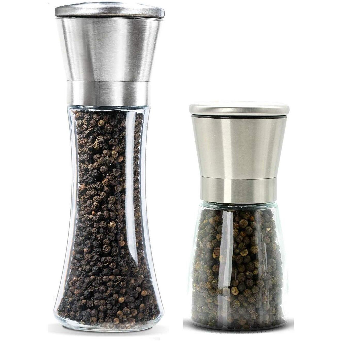 P-Plus International Pack Of 2 Pepper Grinder Or Salt Shaker For Professional Chef Spice Mill Stainless Steel Adjustable (Small+Tall Pack 2)