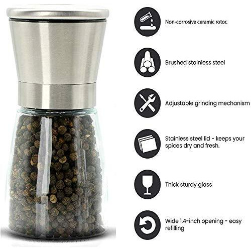 P-Plus International Pack Of 2 Pepper Grinder Or Salt Shaker For Professional Chef Spice Mill Stainless Steel Adjustable (Small+Tall Pack 2)
