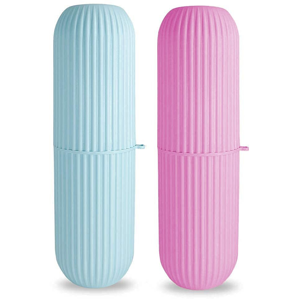 Kbs Capsule Shape Travel Toothbrush Case Cover Holder Portable Toothbrush Storage Box Container Plastic Toothbrush Holder Bathroom Organizer Accessories Set(Pink-Blue-2)
