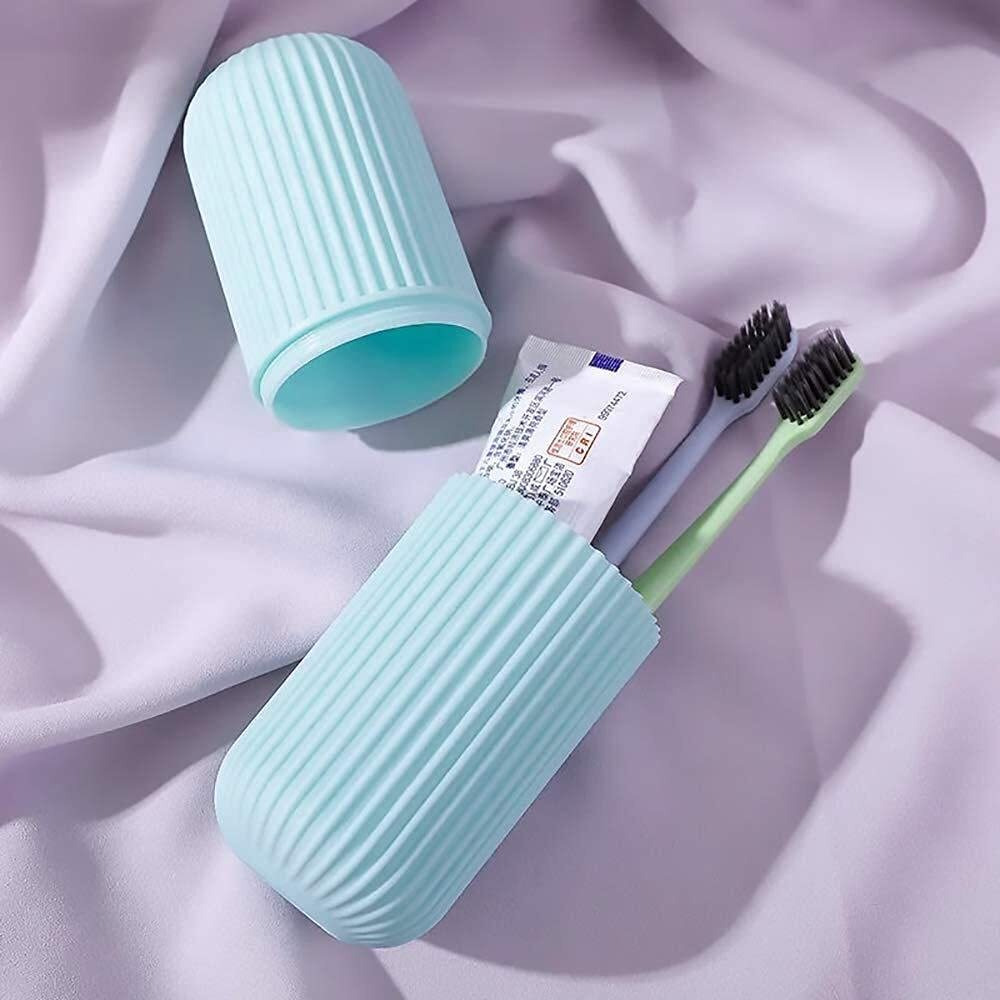 Kbs Capsule Shape Travel Toothbrush Case Cover Holder Portable Toothbrush Storage Box Container Plastic Toothbrush Holder Bathroom Organizer Accessories Set(Pink-Blue-2)