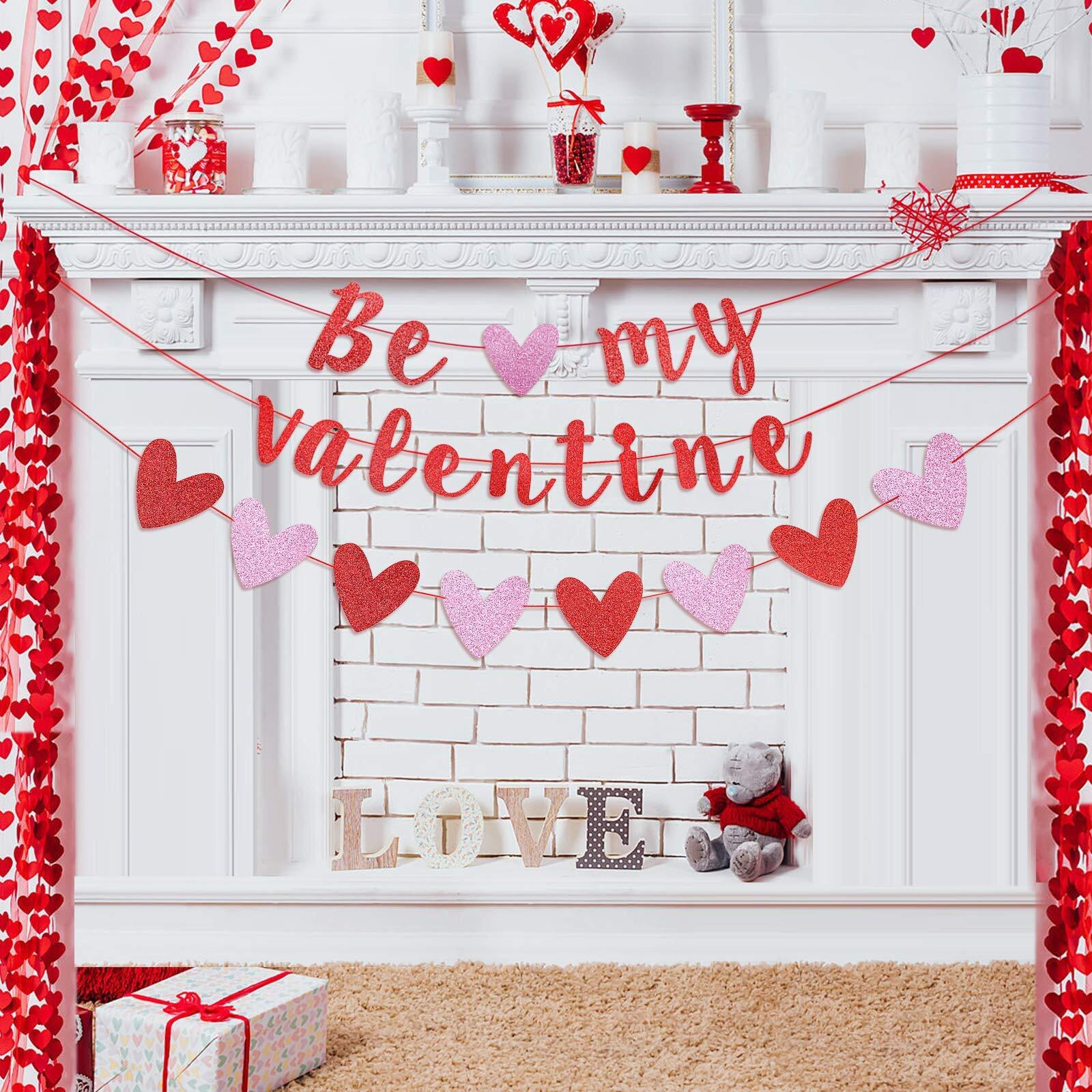 Festiko Be My Valentine Banner Valentine Glittery Heart Garland Banner Decorations For Party Celebration Photography Props Dessert Tables Yard Decor
