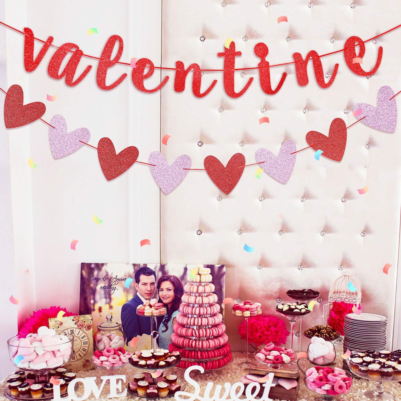 Festiko Be My Valentine Banner Valentine Glittery Heart Garland Banner Decorations For Party Celebration Photography Props Dessert Tables Yard Decor