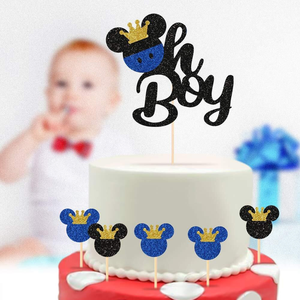 Festiko Mickey Mouse Cake Topper With 10 Pieces Mickey Mouse Cupcake Toppers- Oh Boy Cake Topper For Kid's Birthday Party Decoration