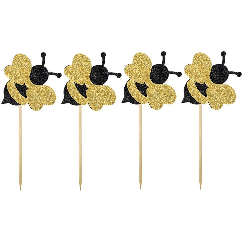 Festiko 10 Pieces Glitter Sticks Bumble Bee Cupcake Cake Toppers Decorations Birthday Party Supplies