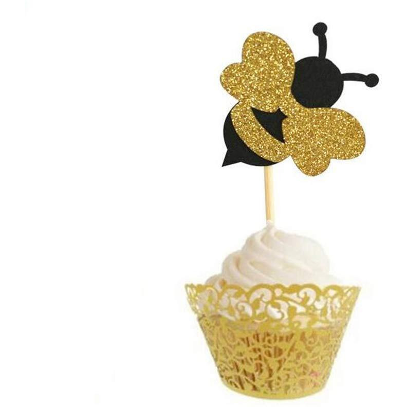 Festiko 10 Pieces Glitter Sticks Bumble Bee Cupcake Cake Toppers Decorations Birthday Party Supplies