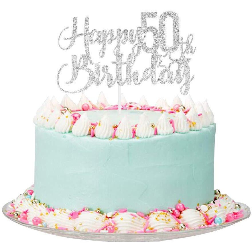 FestikoSilver Glitter Happy 50Th Birthday Cake Topper - 50Th Birthday Cake Topper, 50Th Birthday Party Decoration