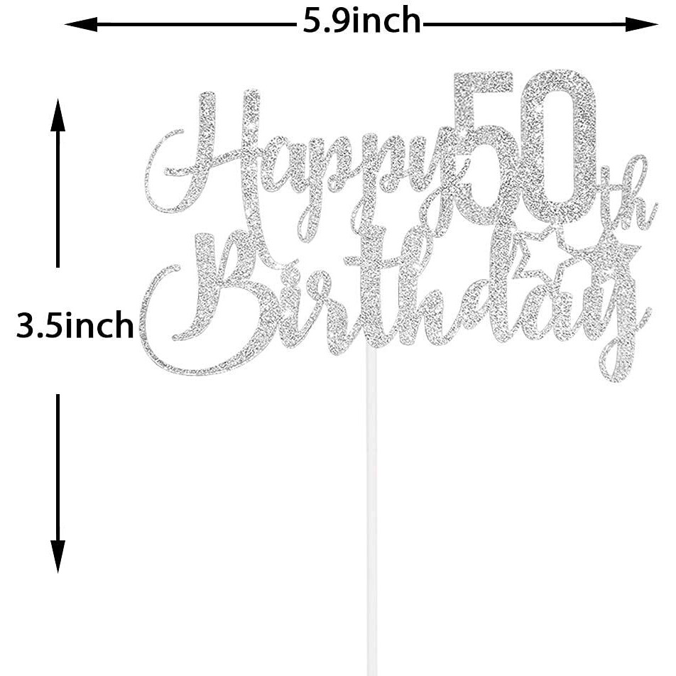 FestikoSilver Glitter Happy 50Th Birthday Cake Topper - 50Th Birthday Cake Topper, 50Th Birthday Party Decoration