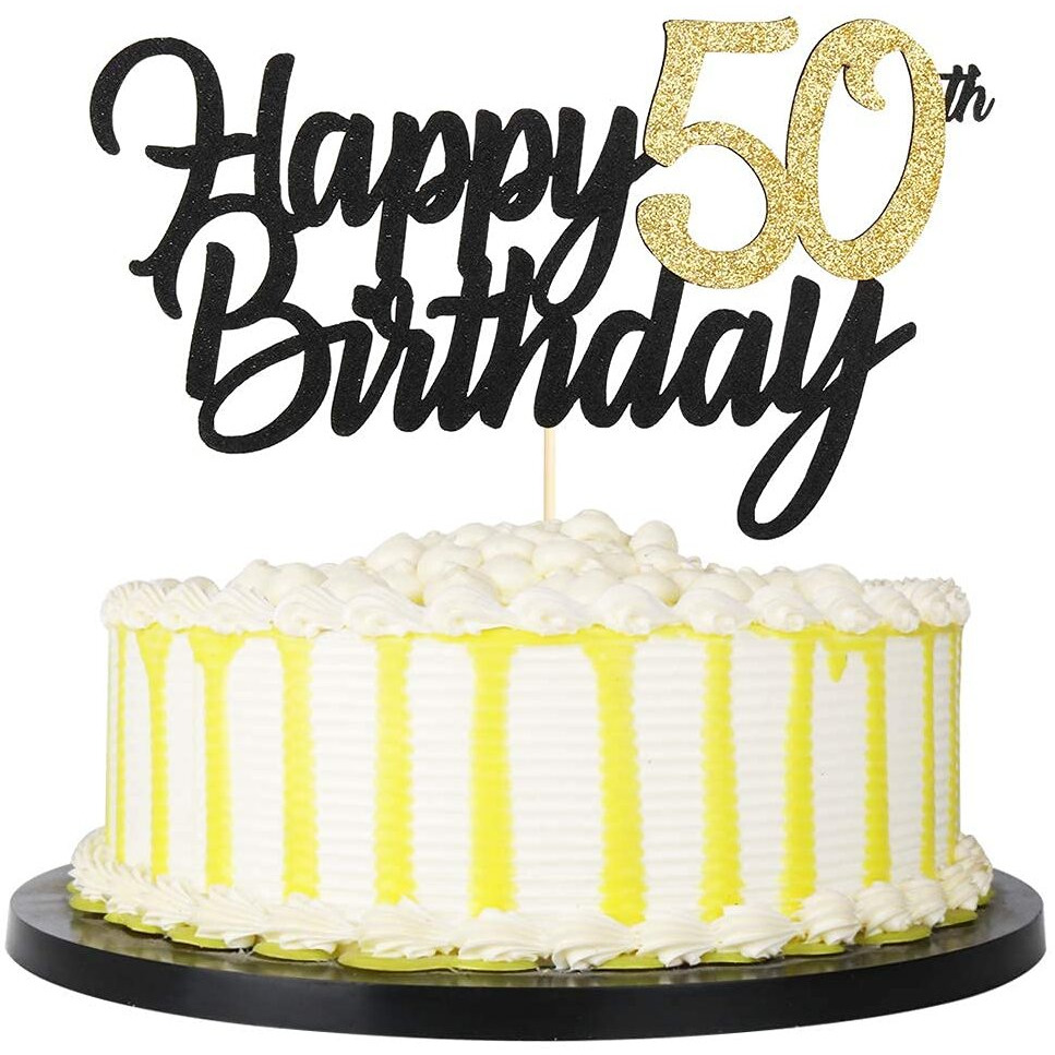 FestikoBlack Gold Glitter Happy Birthday Cake Topper - 50 Anniversary/Birthday Cake Topper Party Decoration (50Th)