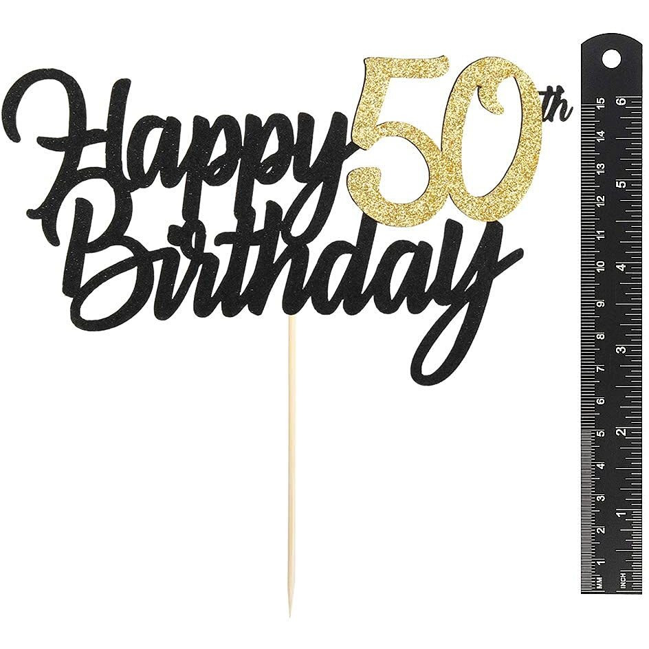 FestikoBlack Gold Glitter Happy Birthday Cake Topper - 50 Anniversary/Birthday Cake Topper Party Decoration (50Th)