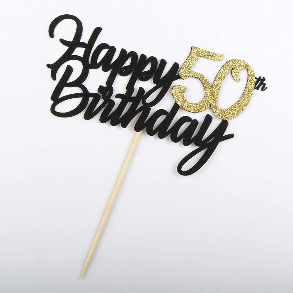 FestikoBlack Gold Glitter Happy Birthday Cake Topper - 50 Anniversary/Birthday Cake Topper Party Decoration (50Th)