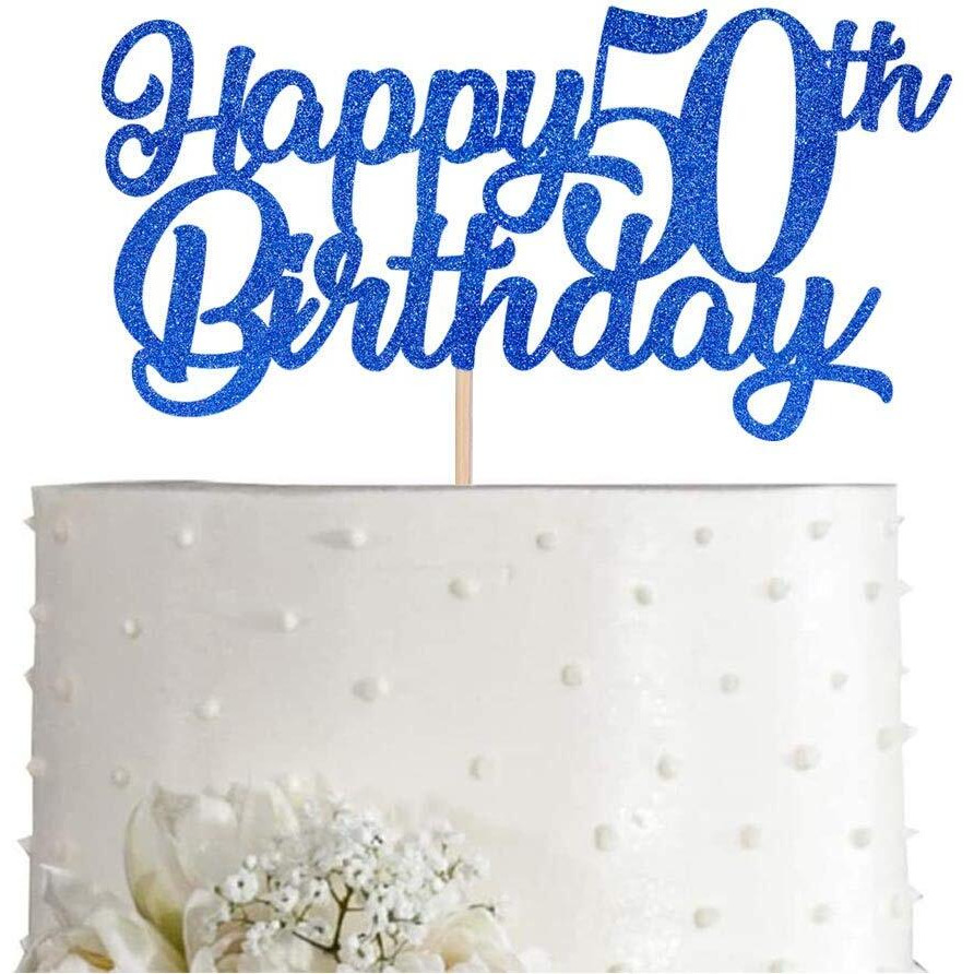 FestikoBlue Happy 50Th Birthday Cake Topper, Royal Blue Glitter Cheers To 50 Years Party Cake Decorations, Supply
