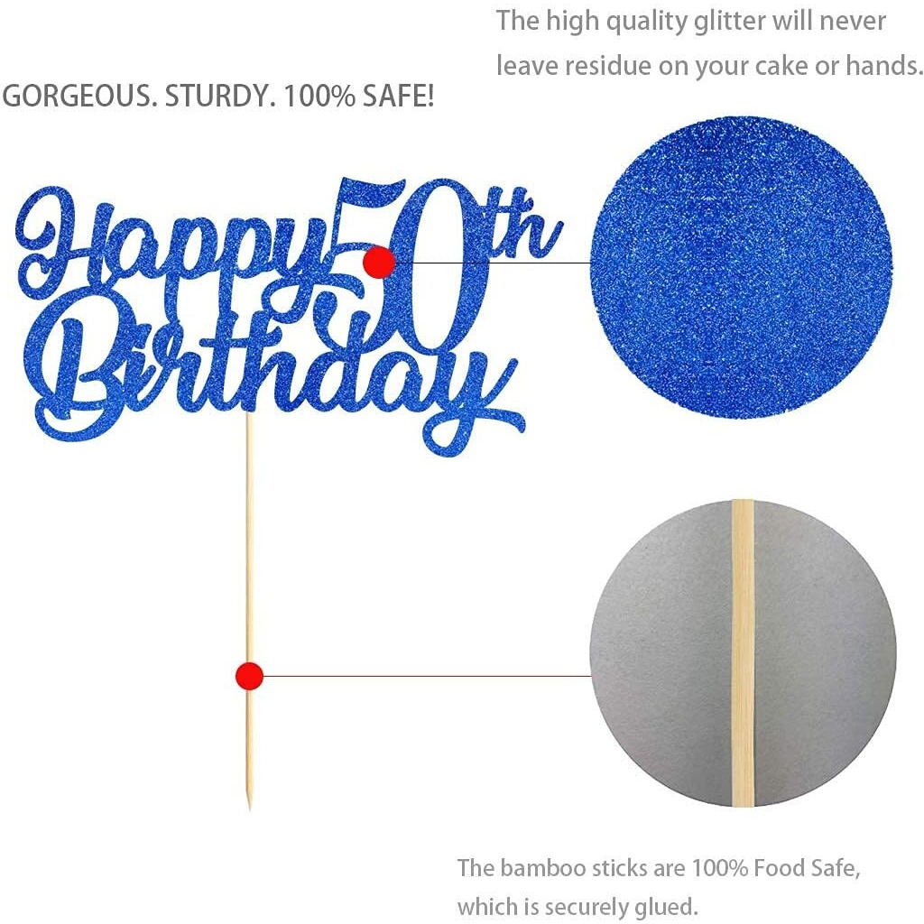 FestikoBlue Happy 50Th Birthday Cake Topper, Royal Blue Glitter Cheers To 50 Years Party Cake Decorations, Supply