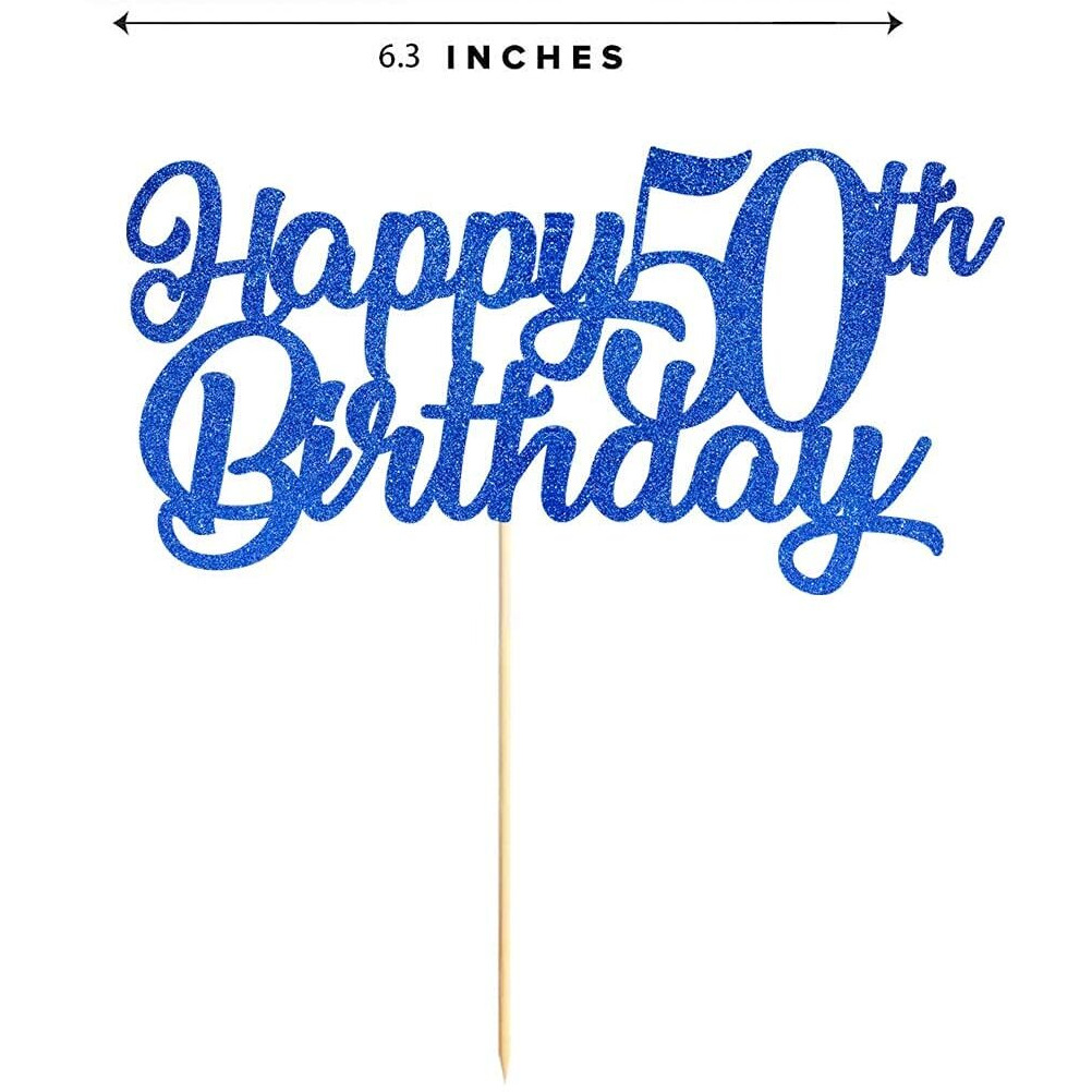 FestikoBlue Happy 50Th Birthday Cake Topper, Royal Blue Glitter Cheers To 50 Years Party Cake Decorations, Supply