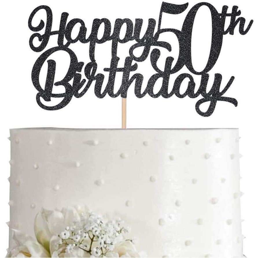 FestikoBlack Happy 50Th Birthday Cake Topper, Black Glitter Cheers To 50 Years Party Cakes Decorations, Supply