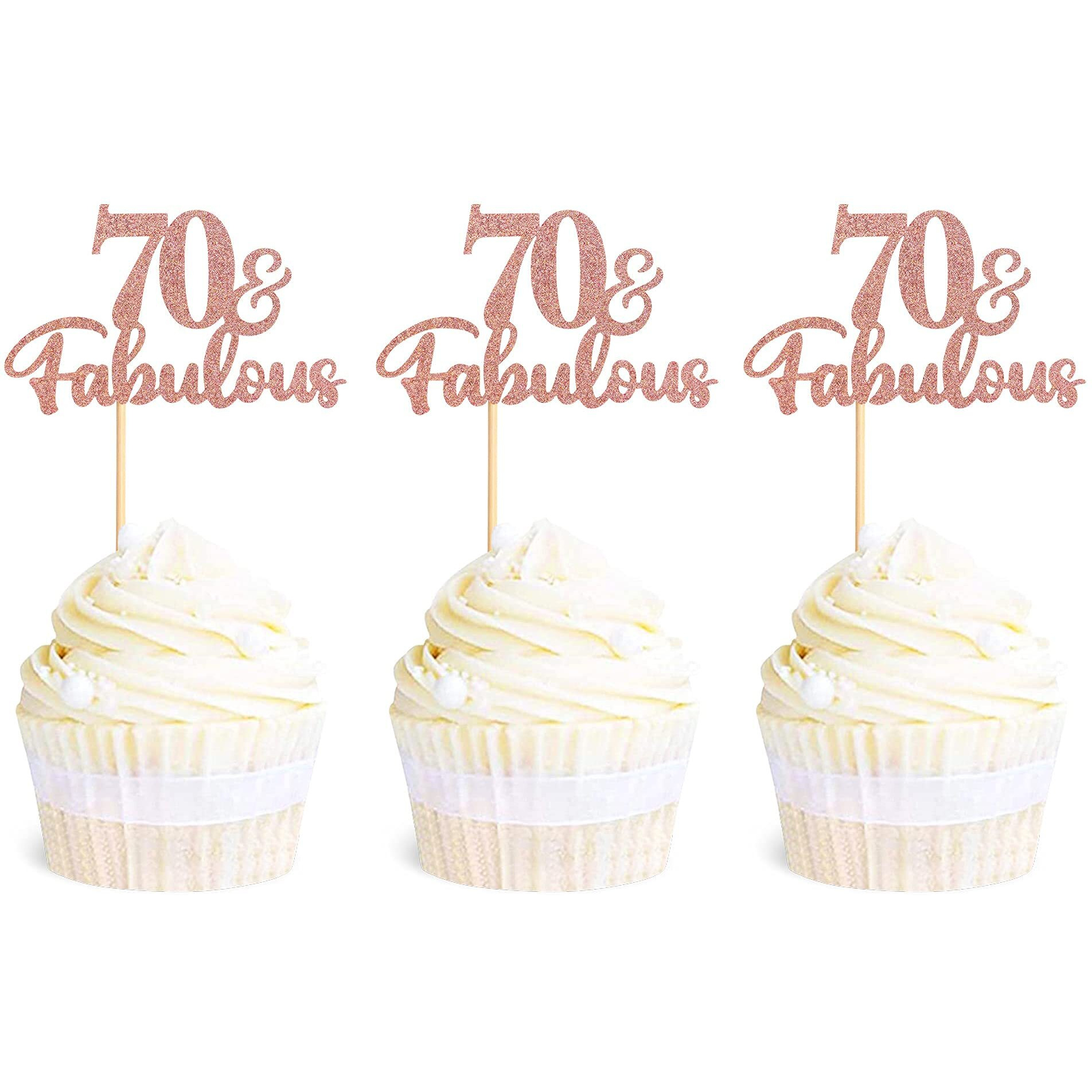 Festiko24 Pack 70 & Fabulous Cupcake Toppers Glitter 70Th Anniversary Cake Picks 70Th Birthday Wedding Party Cake Decorations Supplies Rose Gold