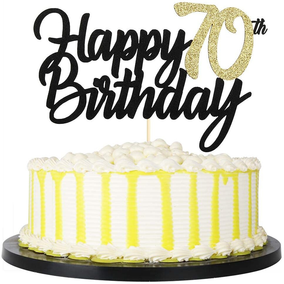 FestikoBlack Gold Glitter Happy Birthday Cake Topper - 70 Anniversary/Birthday Cake Topper Party Decoration (70Th)