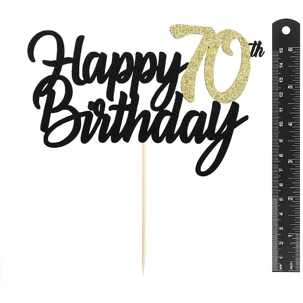 FestikoBlack Gold Glitter Happy Birthday Cake Topper - 70 Anniversary/Birthday Cake Topper Party Decoration (70Th)