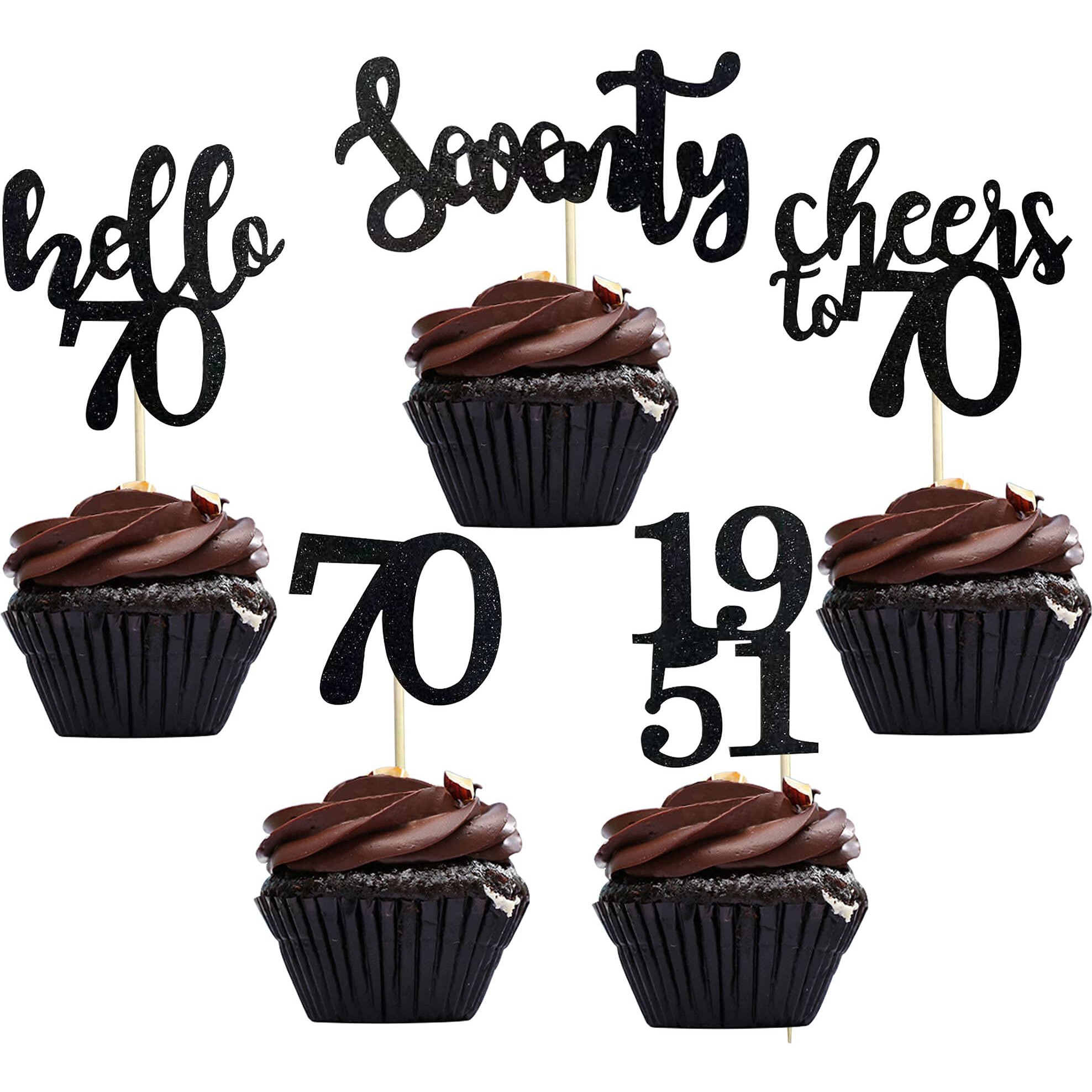 Festiko40 Pcs Black Glitter 70Th Birthday Cupcake Toppers Set For 70Th Birthday Celebrating Party Decorations