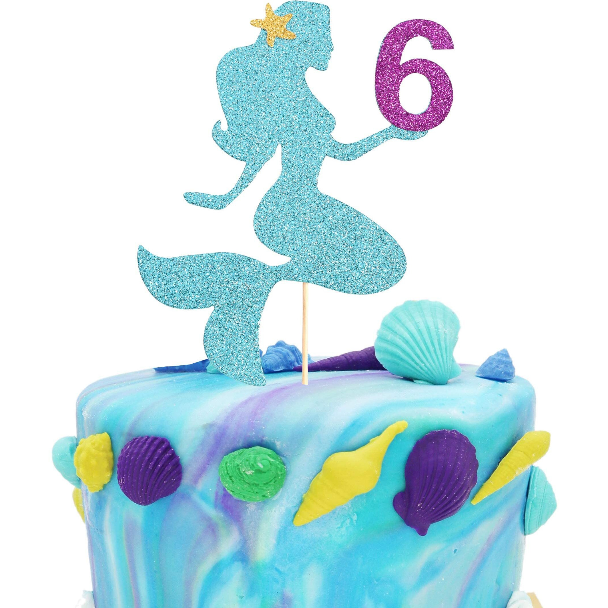 FestikoMermaid Cake Topper For Birthday - Personalized Cake Decoration For Party, Glitter Smash Cake Topper, Photo Booth Props, 6 Sign Cake Flag