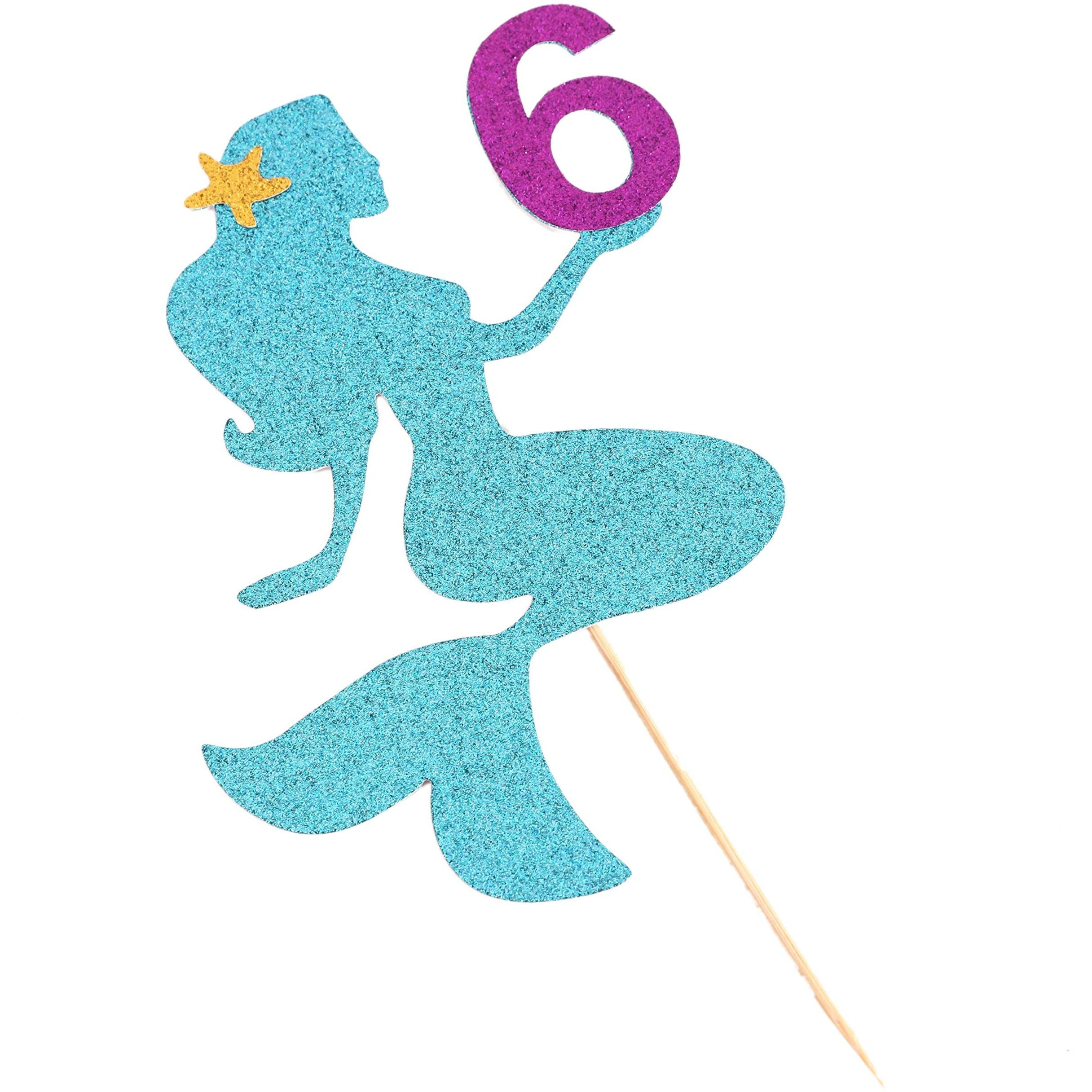 FestikoMermaid Cake Topper For Birthday - Personalized Cake Decoration For Party, Glitter Smash Cake Topper, Photo Booth Props, 6 Sign Cake Flag