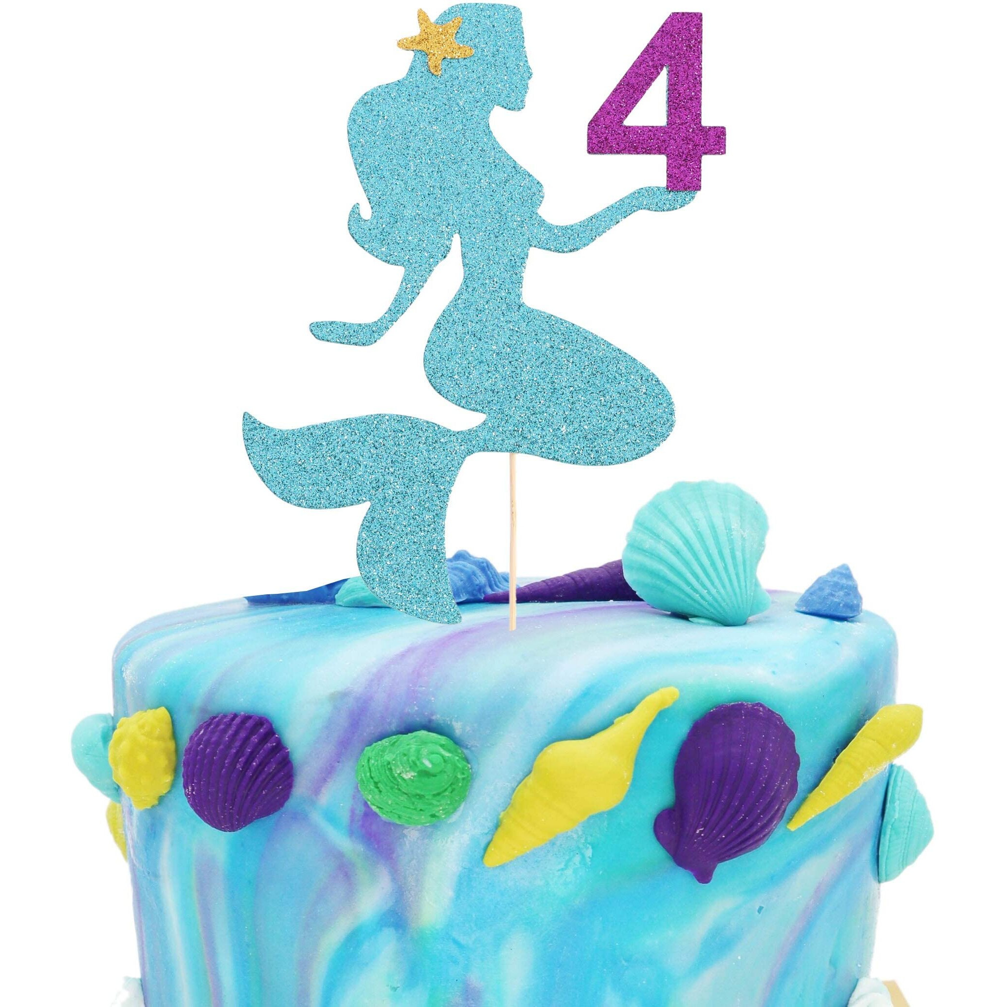 FestikoMermaid Cake Topper For Birthday - Personalized Cake Decoration For Party, Glitter Smash Cake Topper, Photo Booth Props, 4 Sign Cake Flag