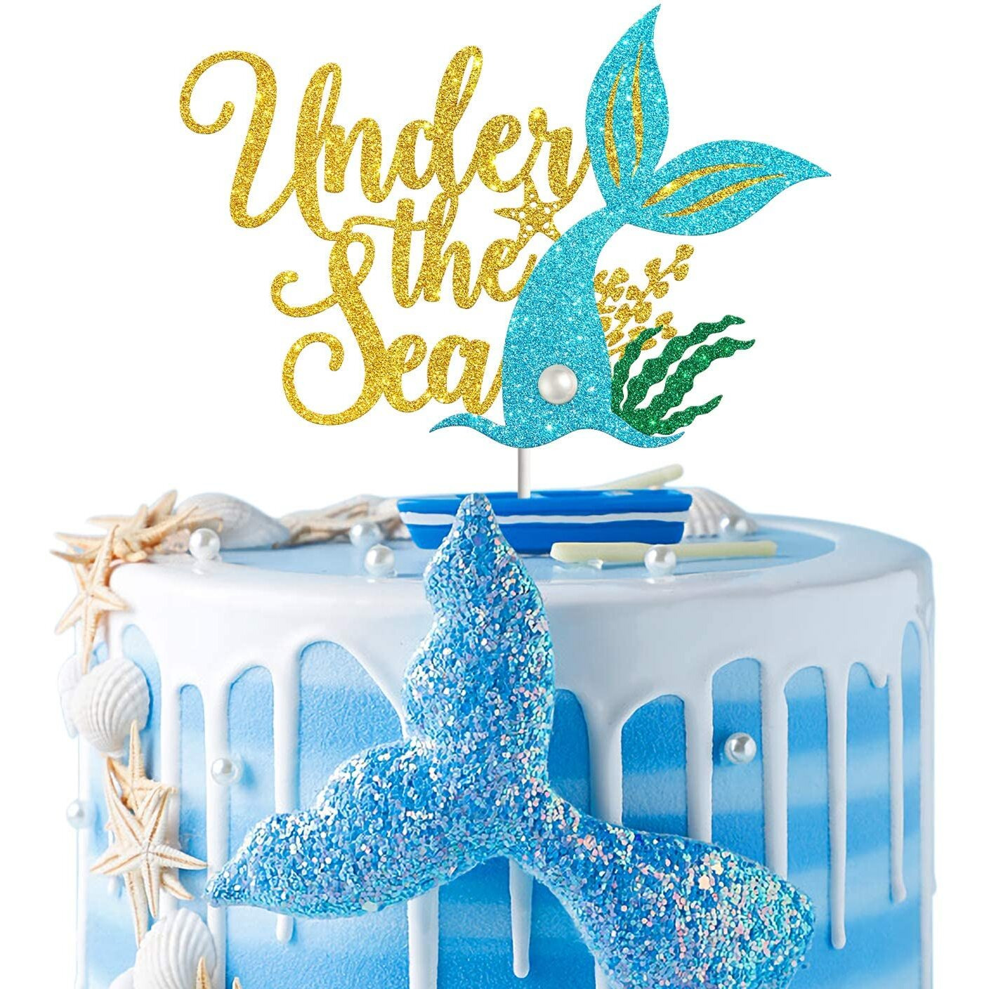 Festiko Under The Sea Cake Topper, Little Mermaid Birthday Party Decoration Supplies, Daughter Of The Sea, Under The Sea Themed, Ocean Themed - Gold Glitter