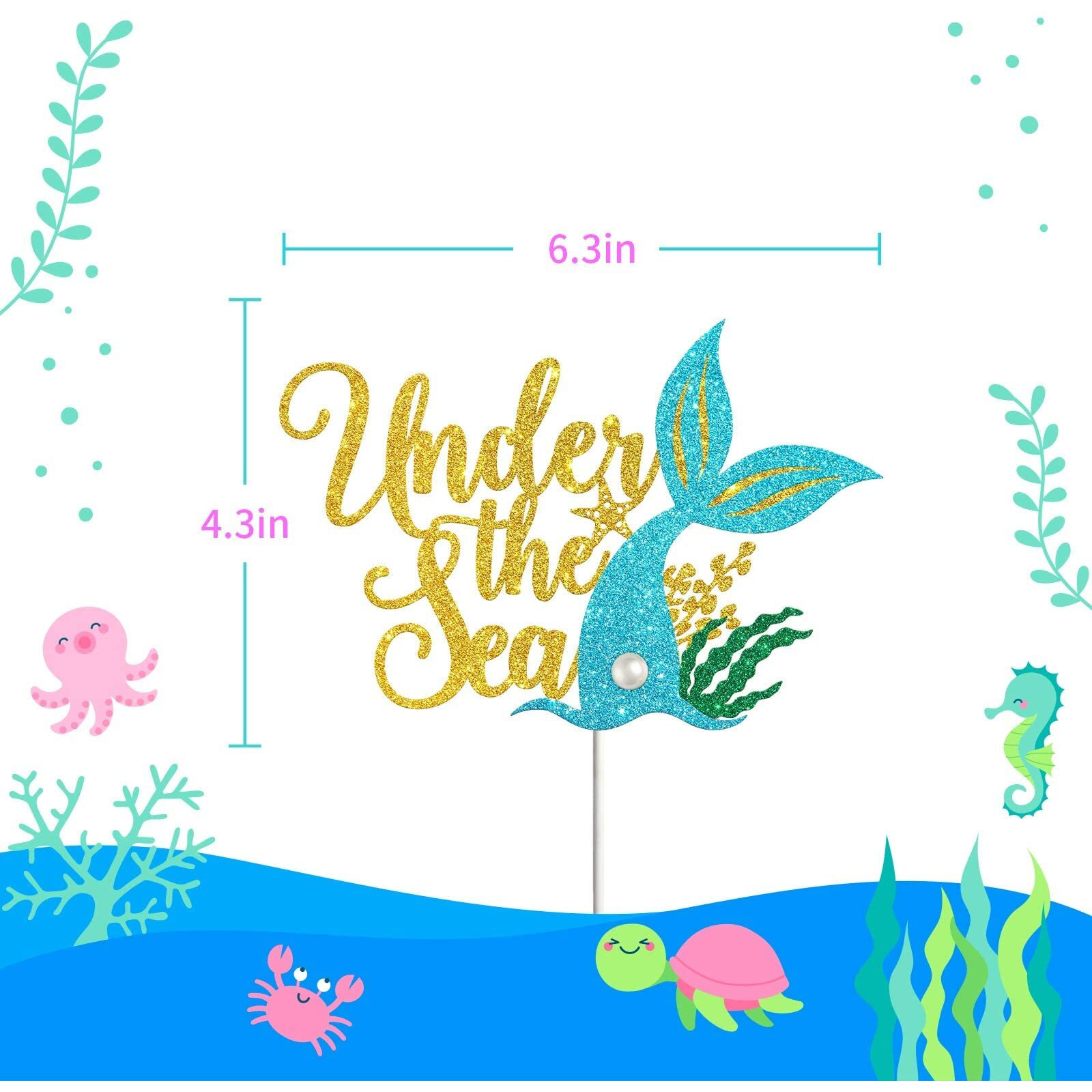 Festiko Under The Sea Cake Topper, Little Mermaid Birthday Party Decoration Supplies, Daughter Of The Sea, Under The Sea Themed, Ocean Themed - Gold Glitter