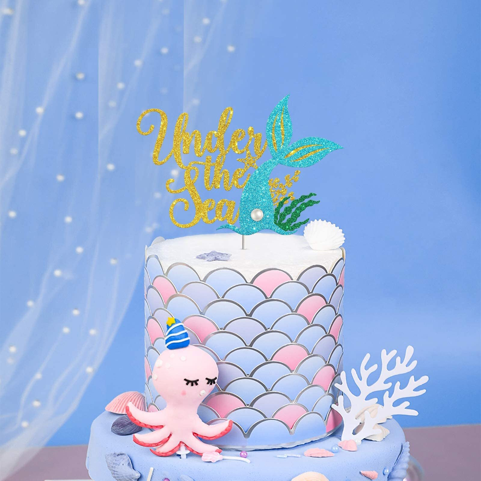Festiko Under The Sea Cake Topper, Little Mermaid Birthday Party Decoration Supplies, Daughter Of The Sea, Under The Sea Themed, Ocean Themed - Gold Glitter