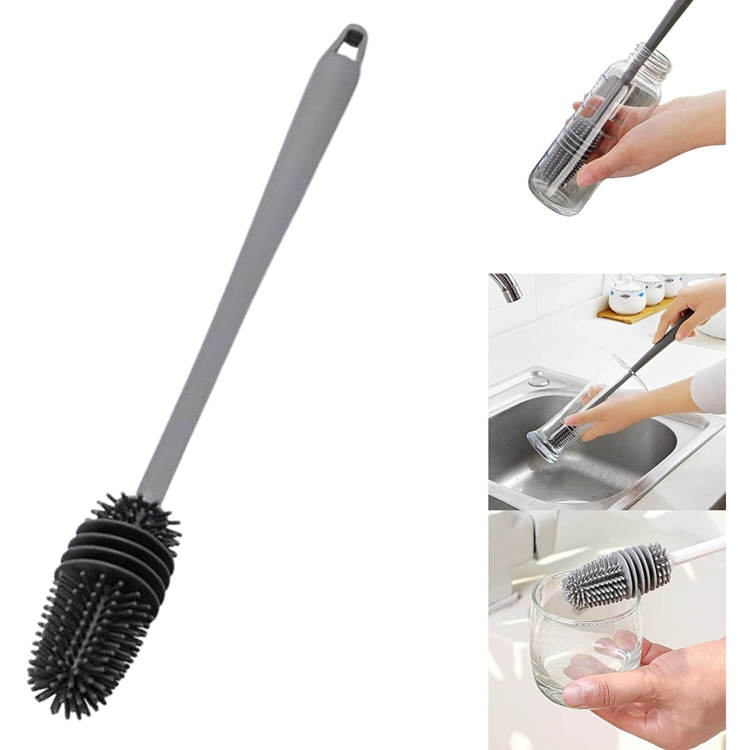 Xml Bottle Cleaning Brush Silicone Long Handle For Baby Bottle, Water Bottle, Containers, Vase And Glass, Bottle Cleaner For Home And Kitchen Accessories Item Products (28-Cm-Silicone-Grey-Brush)