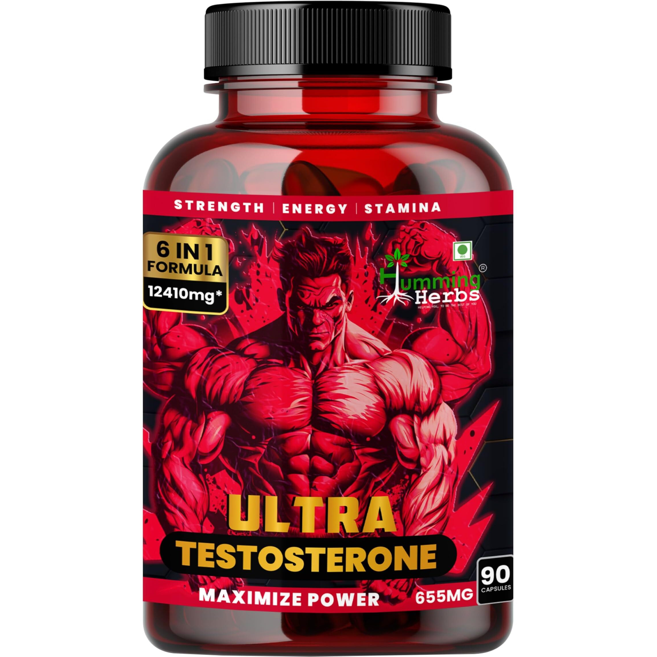 Humming Herbs Ultra Testosterone Support For Men| Muscle Growth, Energy And Performance With | Tongkat Ali, Tribulus,Arginine And Horny Goat Weed | | 6In1 | 12410 Eqv |90 Capsules |, 80 Grams