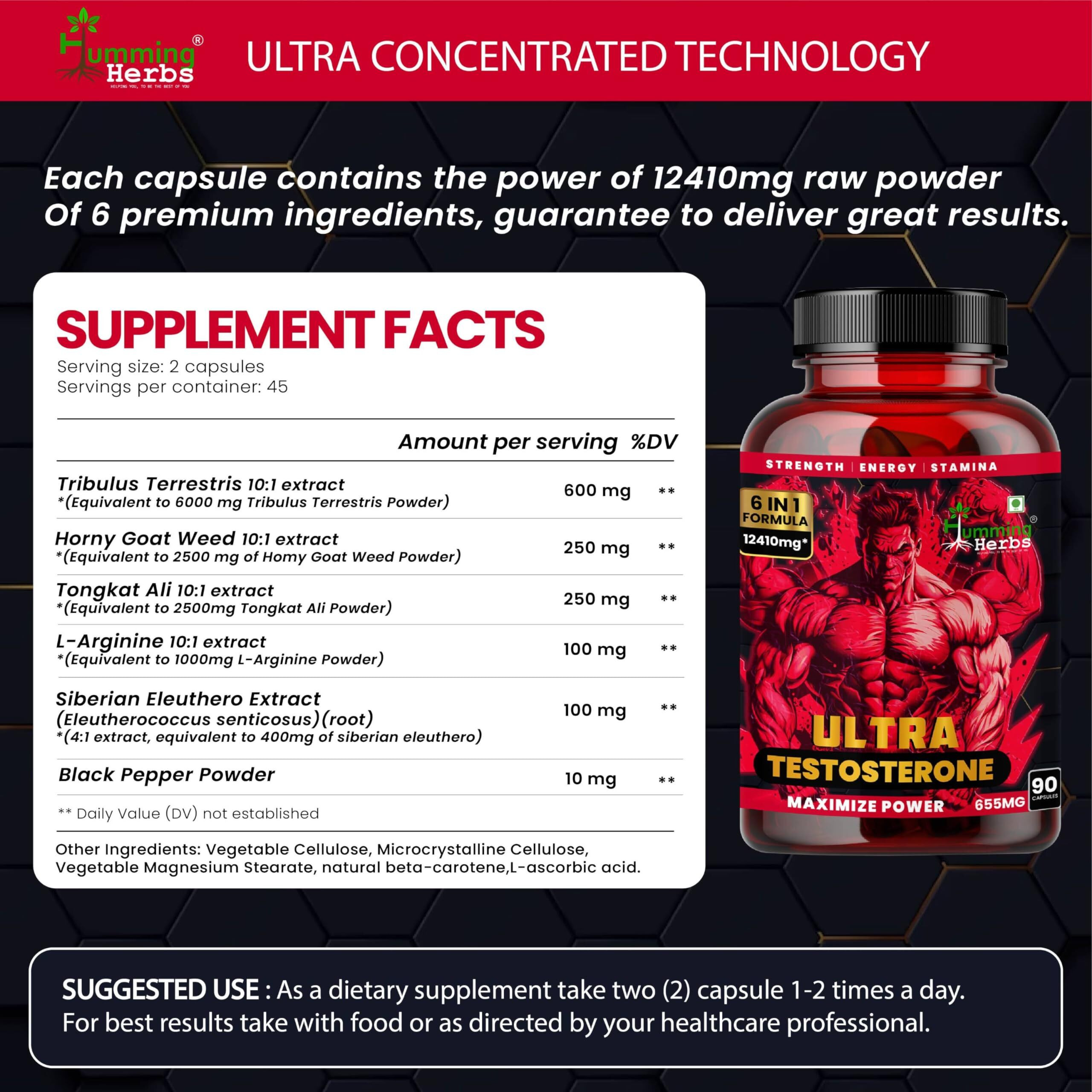 Humming Herbs Ultra Testosterone Support For Men| Muscle Growth, Energy And Performance With | Tongkat Ali, Tribulus,Arginine And Horny Goat Weed | | 6In1 | 12410 Eqv |90 Capsules |, 80 Grams