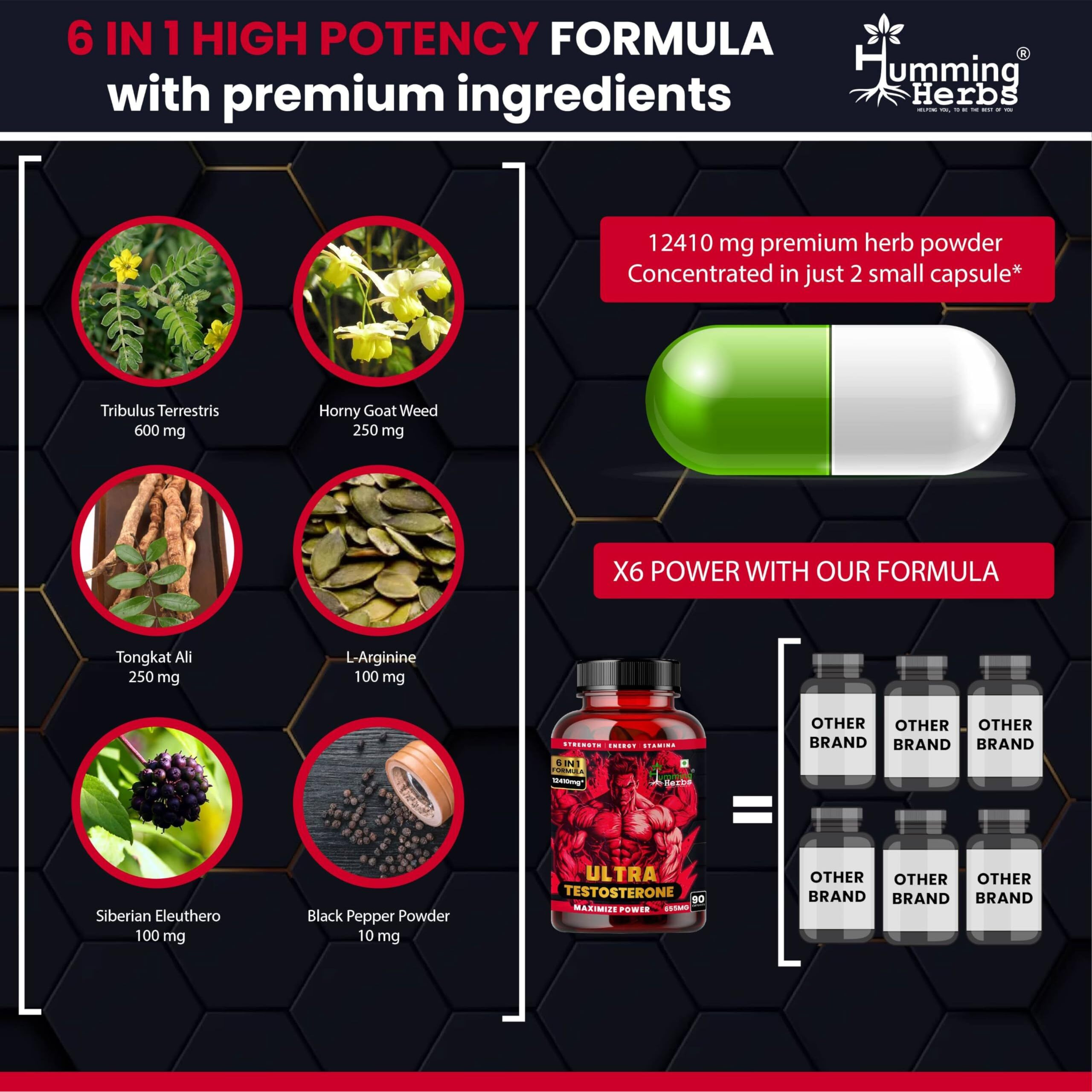 Humming Herbs Ultra Testosterone Support For Men| Muscle Growth, Energy And Performance With | Tongkat Ali, Tribulus,Arginine And Horny Goat Weed | | 6In1 | 12410 Eqv |90 Capsules |, 80 Grams