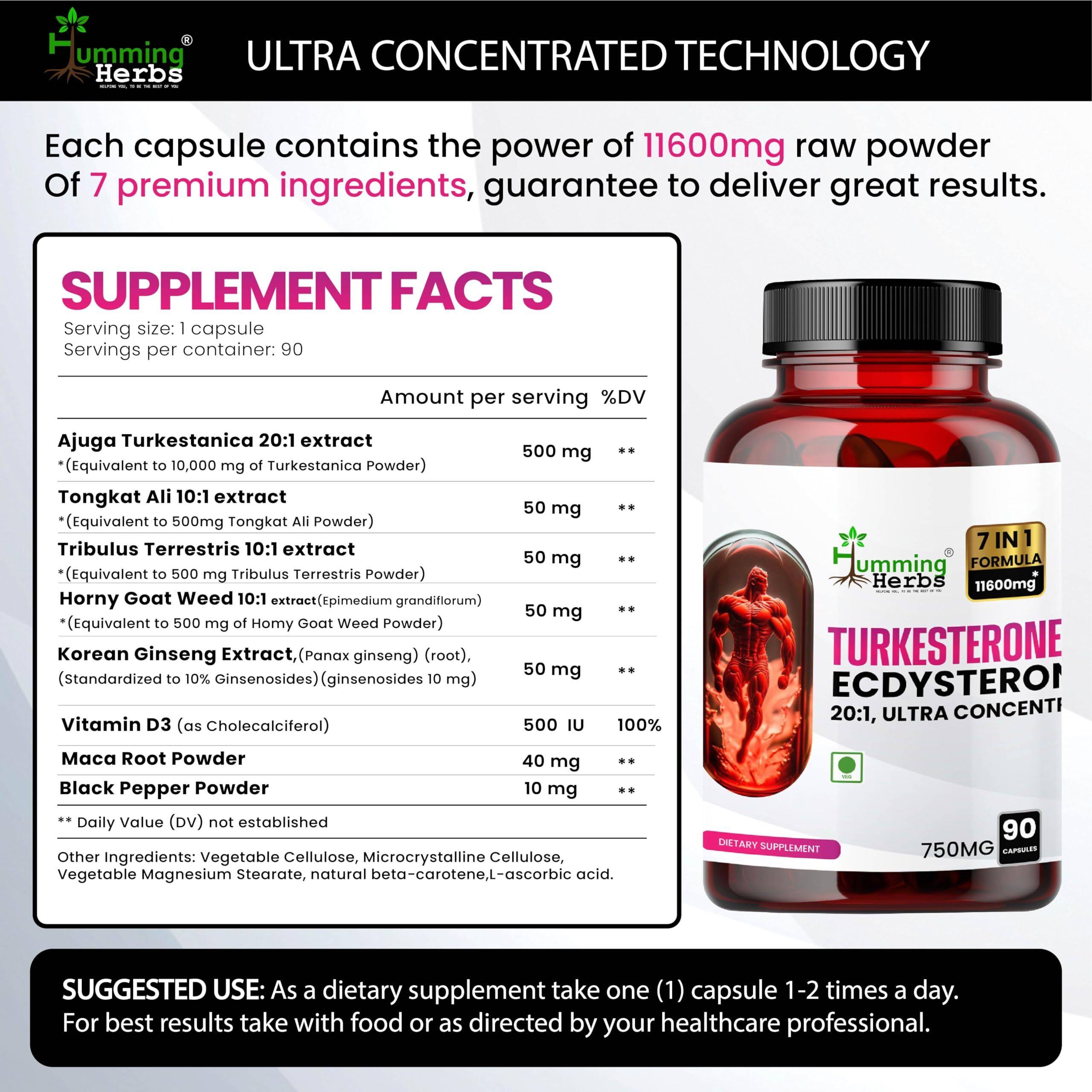 Humming Herbs Turkesterone Ecdysterone, Ajuga Turkestanica Extract , 7In1 -11600Mg Eqv |Ultra-Pure And Bioavailable For Enhanced Absorption | Third Party Tested | 90 Capsules