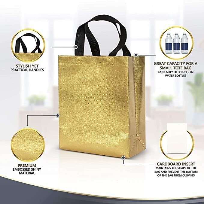 Evafly Gift Bag Medium Size Pack Of 50  L12Xw13Xh4 Inch|Resuable Non-Woven Shiny Metallic Laminated|Haldi Kumkum Return Gifts, Jute Bags For Return Gift,Return Gift For Birthday - Golden