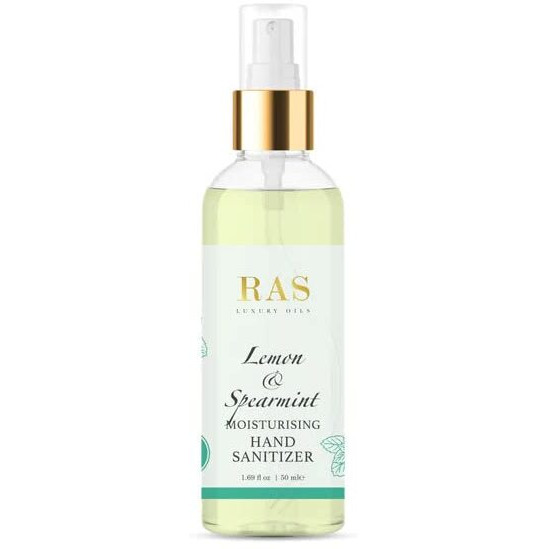 Ras Luxury Oils Lemon & Spearmint Moisturising Hand Sanitiser Spray | Gentle & Safe | Free Of Added Fragrance Or Toxins | Powered With Essential Oils | Kills 99.9% Microbes | Easy To Use, 50Ml